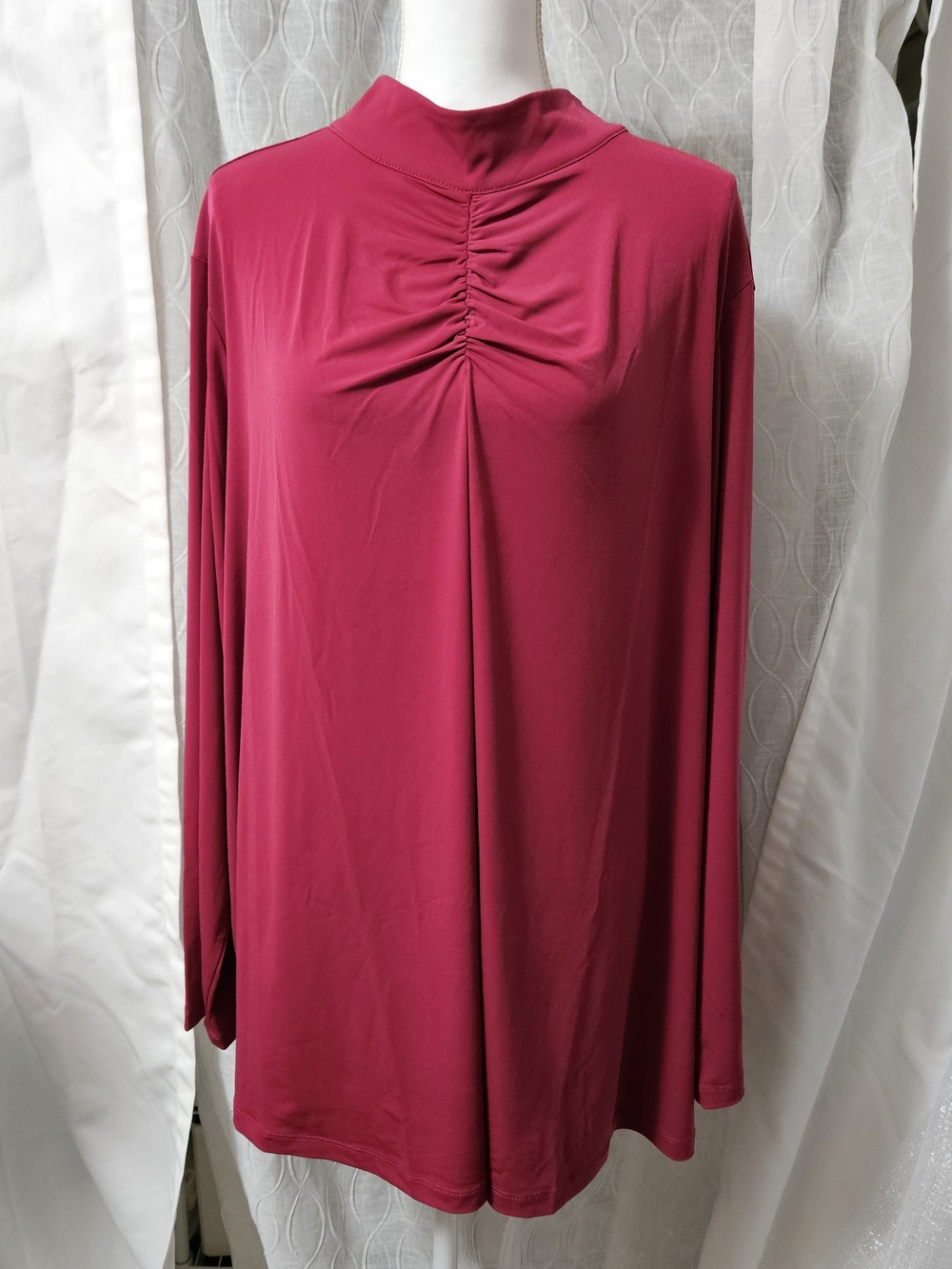 Susan Graver Liquid Knit Magenta Mock Neck Ruched Front Long Sleeve Top 4x